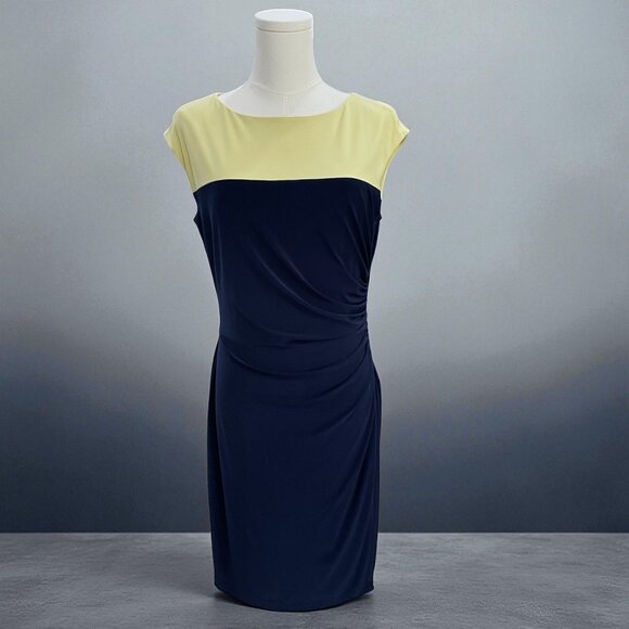 Lauren Ralph Lauren Dress SZ 8 Navy Yellow Sheath Career Minimalist Classic Chic - Picture 1 of 10